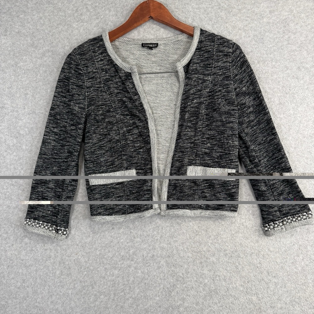 Express Cropped Open Front Jacket XS Gray Pearl Beaded Sleeve Trim Blazer